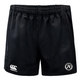 The Atlanta Premier Rugby Club Advantage Rugby Shorts by EMB Canterbury feature an elastic waistband, the Canterbury logo on the left thigh, and a circular AR rugby logo on the right thigh.