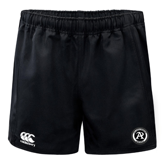 The Atlanta Premier Rugby Club Advantage Rugby Shorts by EMB Canterbury feature an elastic waistband, the Canterbury logo on the left thigh, and a circular AR rugby logo on the right thigh.