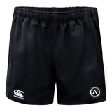 The Atlanta Premier Rugby Club Professional Polyester Rugby Short by EMB Canterbury features an elastic waistband, pockets, the Canterbury logo on the left leg, and a circular AR rugby emblem on the right leg.