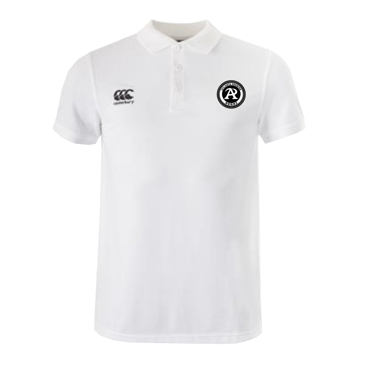 The Atlanta Premier Rugby Club Waimak Polo by EMB Canterbury is a plain white men's polo with a small black and white logo on the left chest and the Canterbury logo on the right, styled like the classic CCC Waimak Rugby Polo.