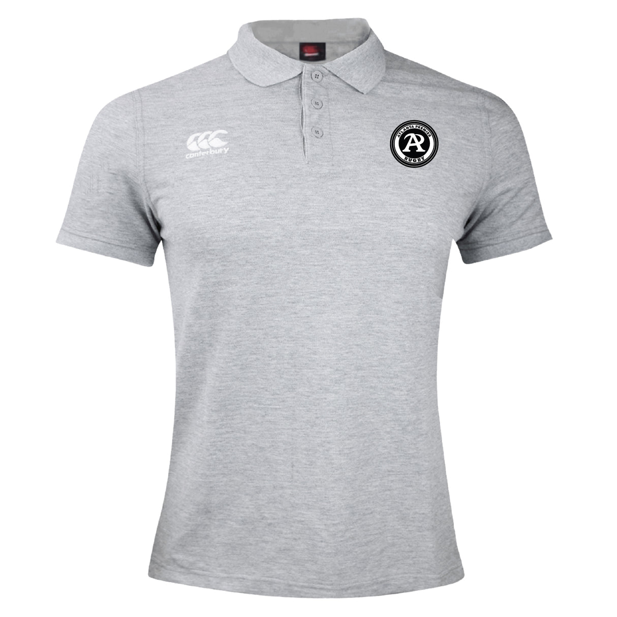 Light grey short-sleeve Atlanta Premier Rugby Club Waimak Polo by EMB Canterbury, with a buttoned collar, black circular left chest logo, and white "Canterbury" logo on the right chest.