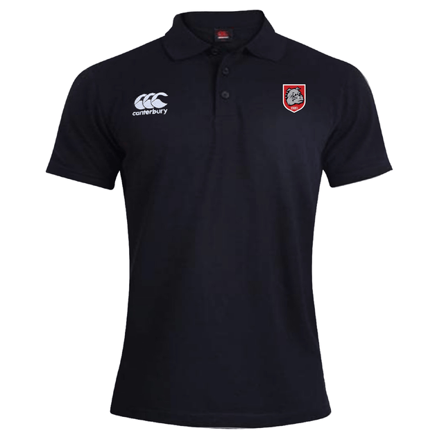The AG Bulldogs Waimak Polo by EMB Canterbury is a black short-sleeve rugby polo with a white Canterbury logo on the right chest and a bulldog emblem crest on the left—ideal for any rugby fan’s shirt collection.
