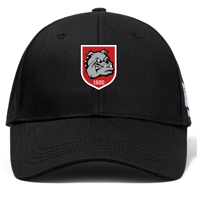 The AG Bulldogs Flexfit Drill Cap by EMB Canterbury features an embroidered red and white shield with a bulldog, "1920" text, and CCC logo on the front.