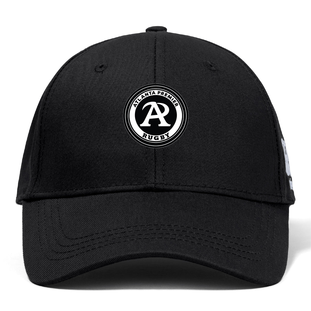 The Atlanta Premier Rugby Club Flexfit Drill Cap by EMB Canterbury is a black cap with a flex fit and an embroidered circular "Atlanta Premier Rugby" logo featuring a bold "A" on the front.