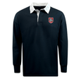 The EMB Mudoo AG Bulldogs Classic Long Sleeve Solid Rugby Jersey features a navy blue cotton-poly blend, white collar, and a bold red and white bulldog logo patch on the left chest for timeless rugby style.