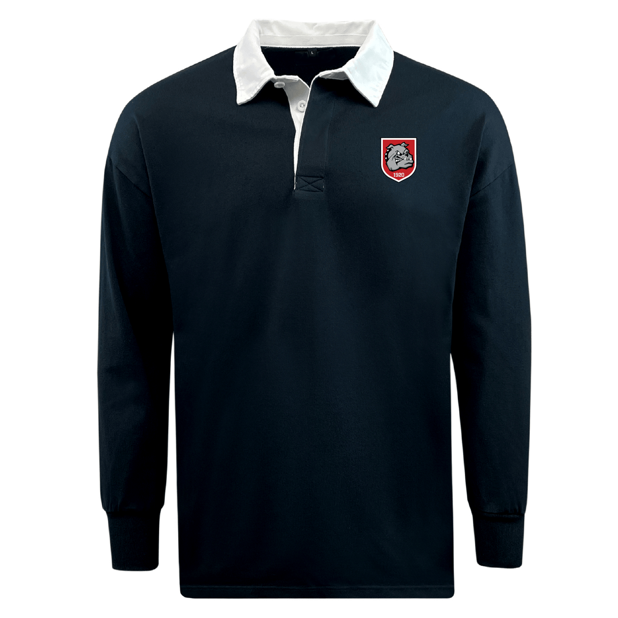 The EMB Mudoo AG Bulldogs Classic Long Sleeve Solid Rugby Jersey features a navy blue cotton-poly blend, white collar, and a bold red and white bulldog logo patch on the left chest for timeless rugby style.