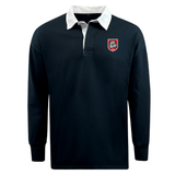 The EMB Mudoo AG Bulldogs Classic Long Sleeve Solid Rugby Jersey features a navy blue cotton-poly blend, white collar, and a bold red and white bulldog logo patch on the left chest for timeless rugby style.