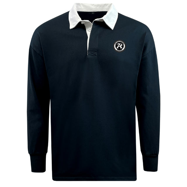 The EMB Mudoo Atlanta Premier Rugby Club Classic Long Sleeve Solid Rugby Jersey features a black cotton-poly blend, white collar, button placket, and a circular embroidered logo on the left chest.
