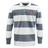 The EMB Mudoo AG Bulldogs Classic Long Sleeve Hooped Rugby Jersey features wide gray and white stripes, a traditional collar, and a red and white bulldog patch on the left chest.