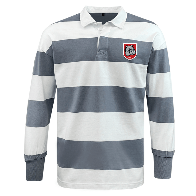 The EMB Mudoo AG Bulldogs Classic Long Sleeve Hooped Rugby Jersey features wide gray and white stripes, a traditional collar, and a red and white bulldog patch on the left chest.