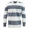 The EMB Mudoo Atlanta Premier Rugby Club Classic Long Sleeve Hooped Rugby Jersey features wide grey and white stripes, a collar, and a logo patch on the left chest for a timeless, classic style.
