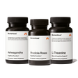 The Momentous Adaptogen Stack features three dietary supplements—Ashwagandha, Rhodiola Rosea, and L-Theanine—designed for cognitive support and stress resilience, shown against a clean white background.