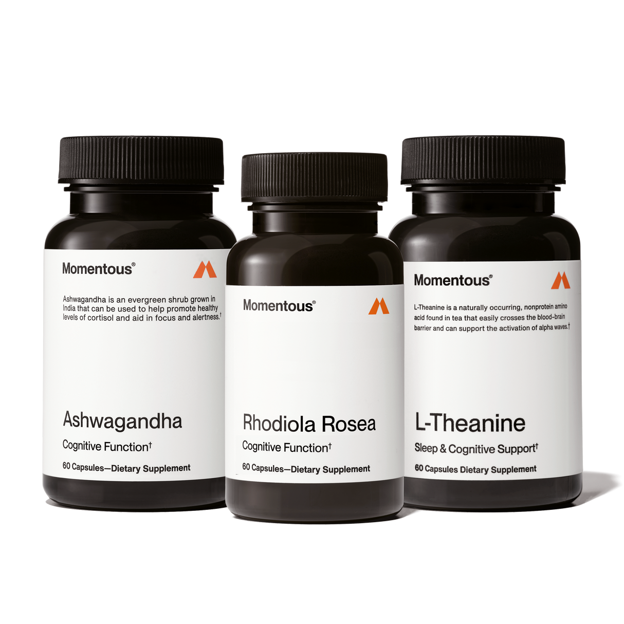 The Momentous Adaptogen Stack features three dietary supplements—Ashwagandha, Rhodiola Rosea, and L-Theanine—designed for cognitive support and stress resilience, shown against a clean white background.