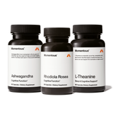 The Momentous Adaptogen Stack features three dietary supplements—Ashwagandha, Rhodiola Rosea, and L-Theanine—designed for cognitive support and stress resilience, shown against a clean white background.