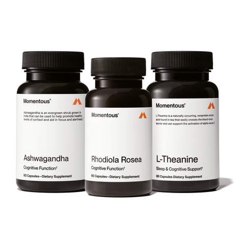The Momentous Adaptogen Stack features three dietary supplements—Ashwagandha, Rhodiola Rosea, and L-Theanine—designed for cognitive support and stress resilience, shown against a clean white background.