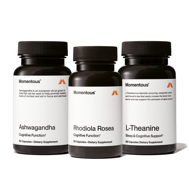 The Momentous Adaptogen Stack features three dietary supplements—Ashwagandha, Rhodiola Rosea, and L-Theanine—designed for cognitive support and stress resilience, shown against a clean white background.