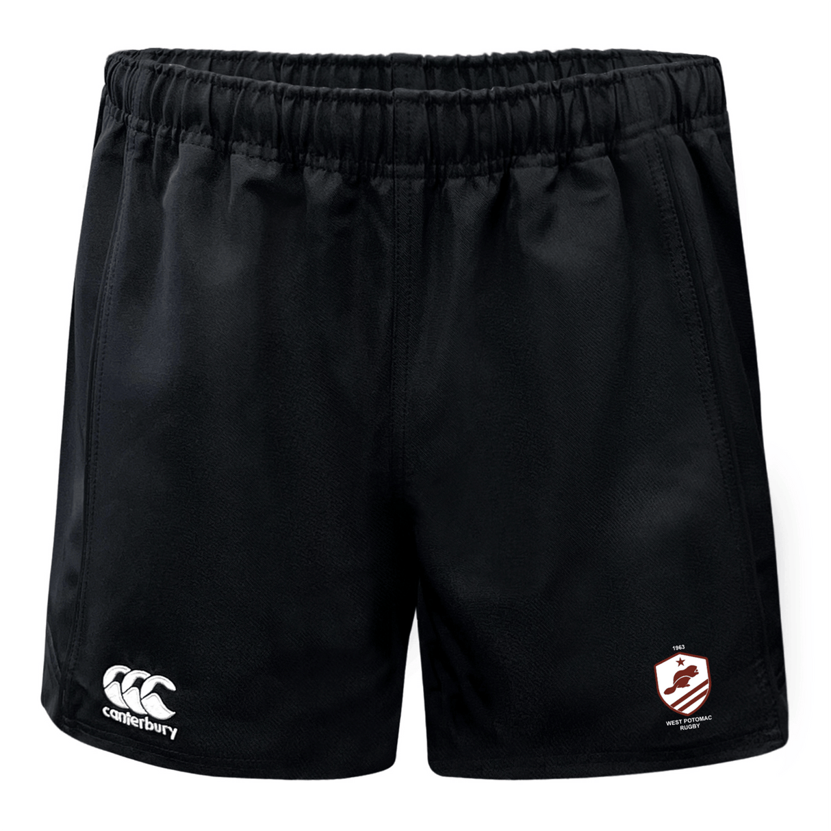 The West Potomac RFC Advantage Rugby Shorts by EMB Canterbury are black with an elastic waistband, featuring the Canterbury logo on the left leg and a red and white shield emblem on the right leg.