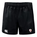 The West Potomac RFC Advantage Rugby Shorts by EMB Canterbury are black with an elastic waistband, featuring the Canterbury logo on the left leg and a red and white shield emblem on the right leg.