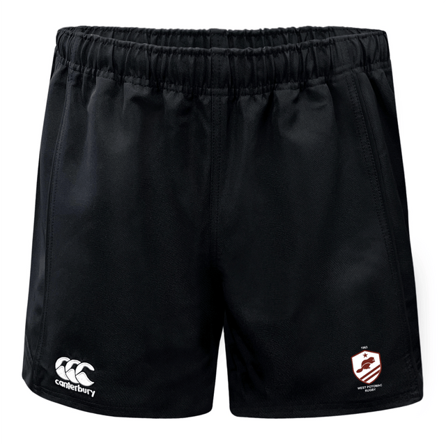 The West Potomac RFC Advantage Rugby Shorts by EMB Canterbury are black with an elastic waistband, featuring the Canterbury logo on the left leg and a red and white shield emblem on the right leg.
