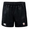 The West Potomac RFC Advantage Rugby Shorts by EMB Canterbury are black with an elastic waistband, featuring the Canterbury logo on the left leg and a red and white shield emblem on the right leg.
