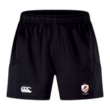 The West Potomac RFC Advantage Short 2.0 by EMB Canterbury features an elastic waistband, white Canterbury logo on the left leg, and club crest on the right leg—perfect athletic shorts for training or daily wear.
