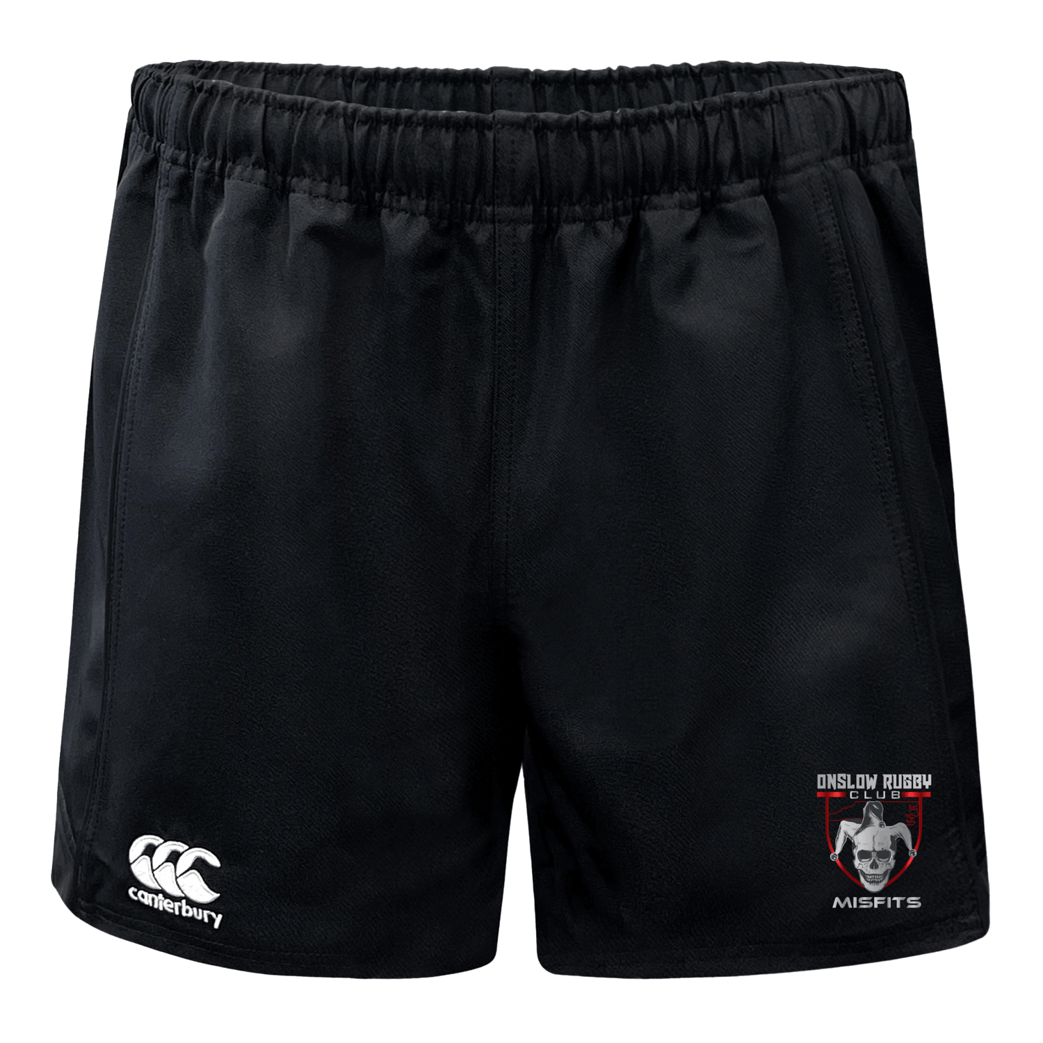 Black Onslow Rugby Misfits Advantage Rugby shorts with Moisture Wicking Fabric and EMB Canterbury logos on the right leg.