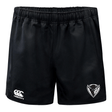 Black DePaul University Advantage rugby shorts with a white logo on the left thigh and a white bull's head emblem on the right leg by EMB Canterbury.