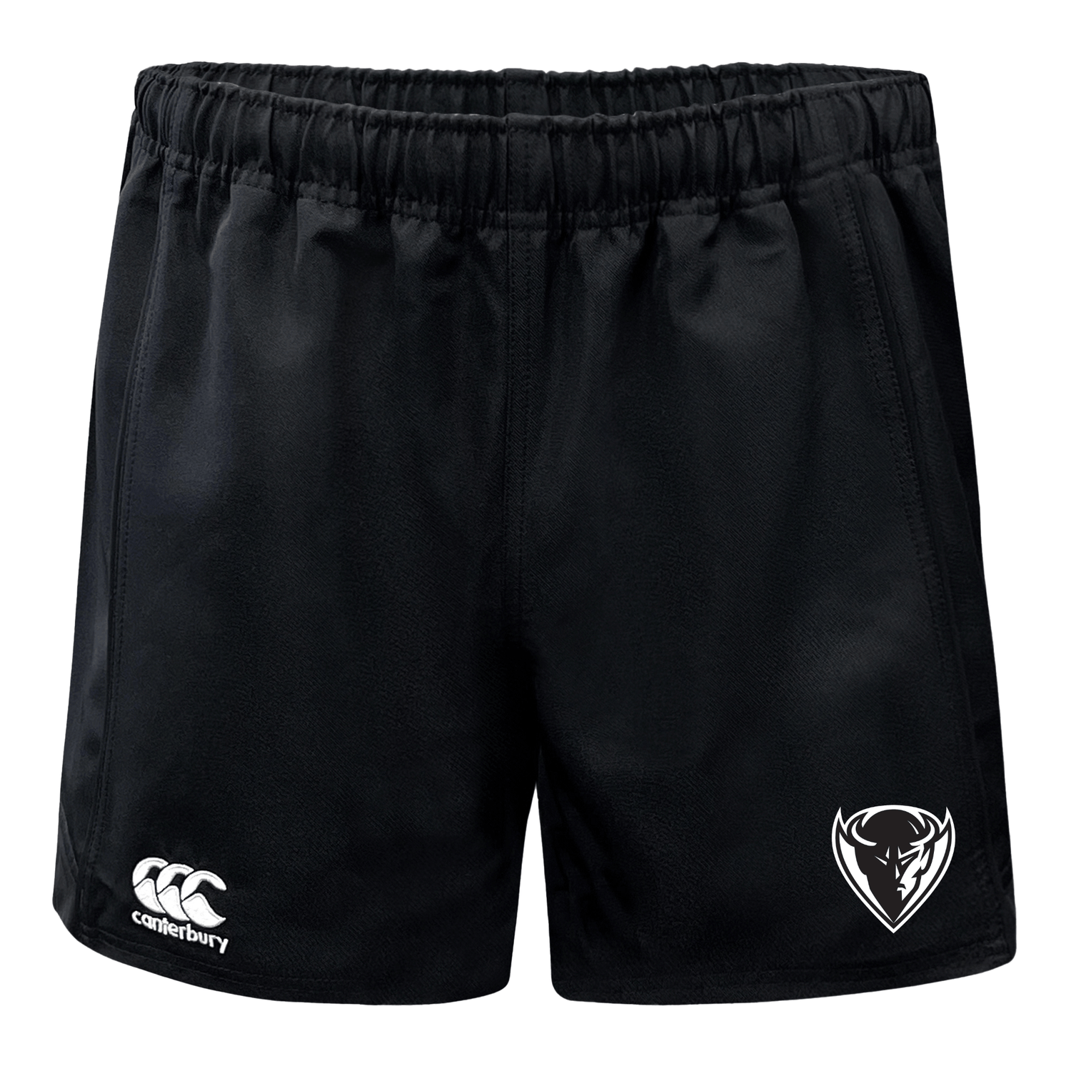 Black DePaul University Advantage rugby shorts with a white logo on the left thigh and a white bull's head emblem on the right leg by EMB Canterbury.