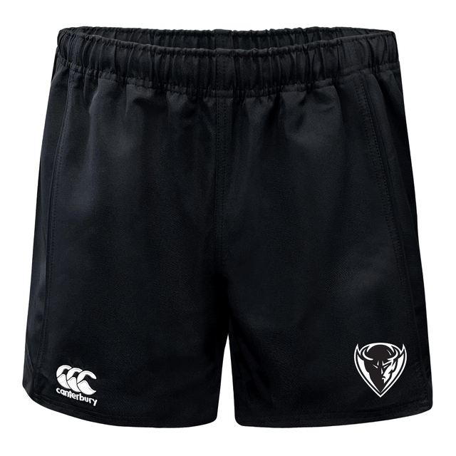 Black DePaul University Advantage rugby shorts with a white logo on the left thigh and a white bull's head emblem on the right leg by EMB Canterbury.