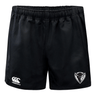 Black DePaul University Advantage rugby shorts with a white logo on the left thigh and a white bull's head emblem on the right leg by EMB Canterbury.