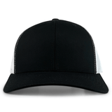 The S&S Activewear Retro Trucker Cap features a curved bill, black front panels, white mesh side panels, and a snapback closure, shown from the front.