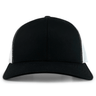 The S&S Activewear Retro Trucker Cap features a curved bill, black front panels, white mesh side panels, and a snapback closure, shown from the front.