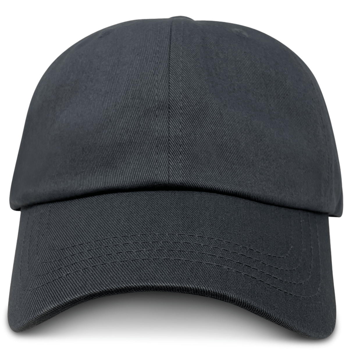 The S&S Activewear Adult Low-Profile Cotton Twill Dad Cap is shown from the front, featuring a curved brim and stitched panels in plain black.