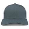 The S&S Activewear Retro Trucker Cap features a gray and white design, mesh back, solid front panel, snapback closure, and is shown from the front view.