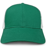 The S&S Activewear Retro Trucker Cap features a solid green front and bill, white mesh sides and back, and a classic snapback closure, shown from the front.