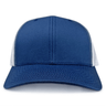 Front view of the S&S Activewear Retro Trucker Cap in blue, featuring white mesh side and back panels, a curved brim, visible stitching, and a snapback closure.