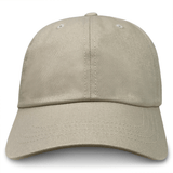The S&S Activewear Adult Low-Profile Cotton Twill Dad Cap features a plain beige design, curved brim, and stitched eyelets on the crown, shown from the front.