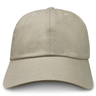 The S&S Activewear Adult Low-Profile Cotton Twill Dad Cap features a plain beige design, curved brim, and stitched eyelets on the crown, shown from the front.
