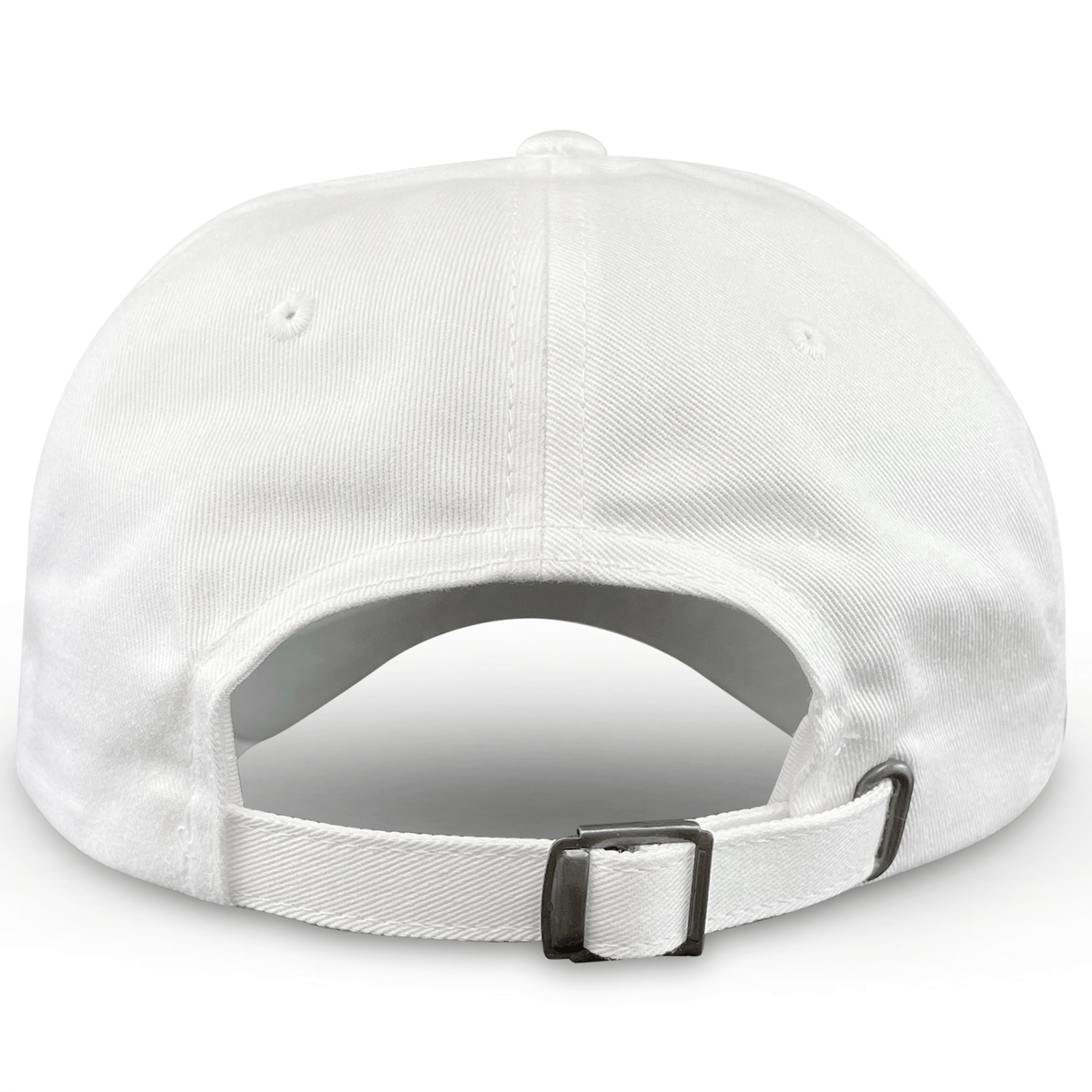 A close-up of The Sharks Crest Cotton Twill Dad Cap by EMB S&S Activewear, featuring a plain white cotton twill design inspired by Sharks Rugby, with an adjustable strap and metal buckle at the back.