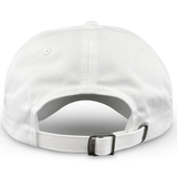 A close-up of The Sharks Crest Cotton Twill Dad Cap by EMB S&S Activewear, featuring a plain white cotton twill design inspired by Sharks Rugby, with an adjustable strap and metal buckle at the back.