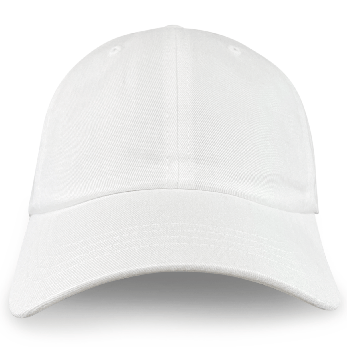 The S&S Activewear Adult Low-Profile Cotton Twill Dad Cap is shown in plain white from the front, set against a white background.