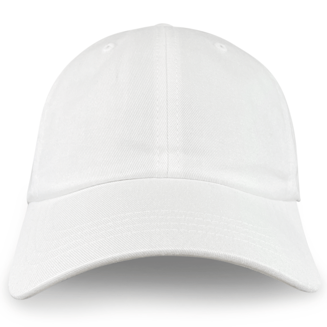 The S&S Activewear Adult Low-Profile Cotton Twill Dad Cap is shown in plain white from the front, set against a white background.