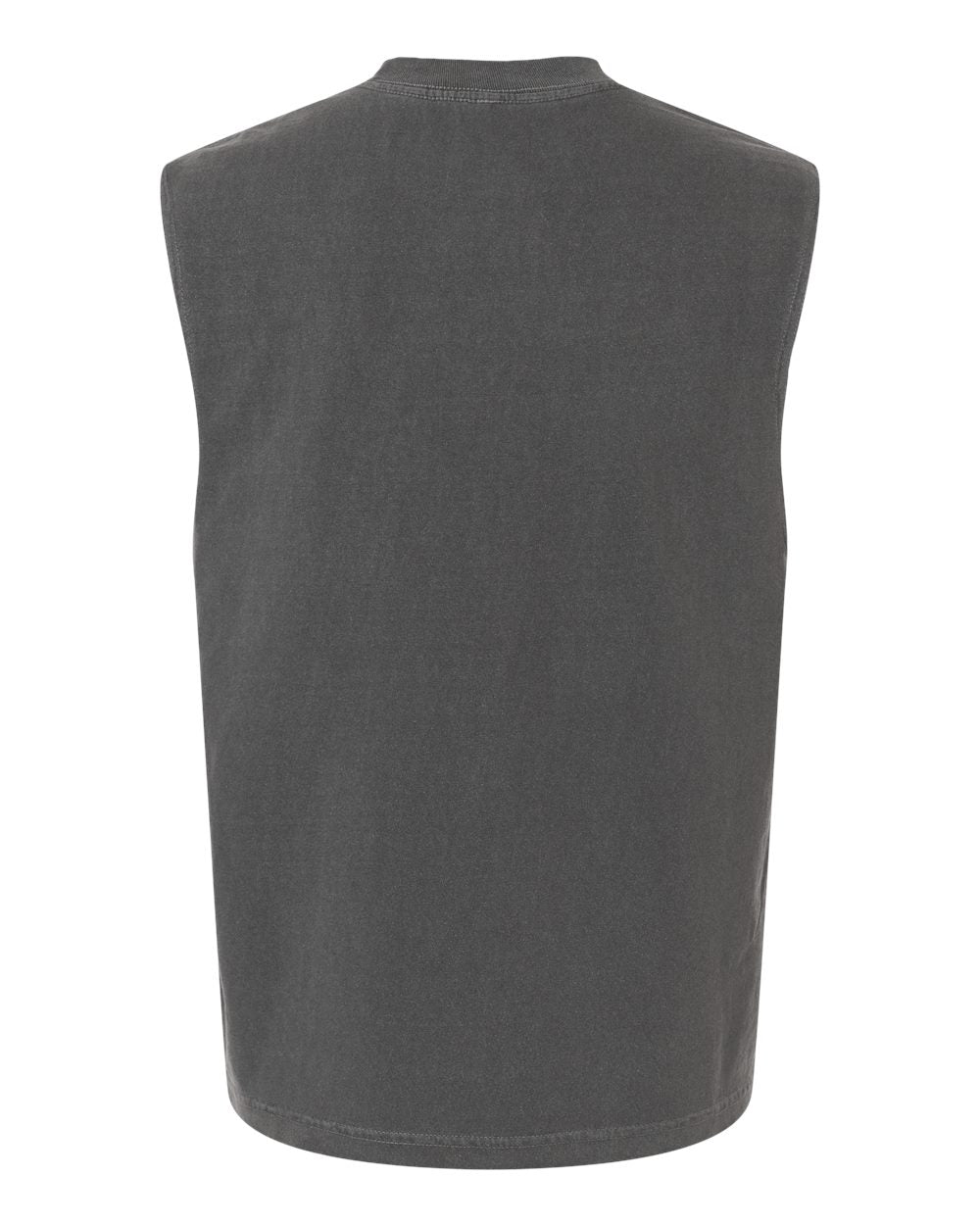 Back view of the Watch More Rugby Everyday Muscle Tee by WRS S&S Activewear—a sleeveless, dark gray vest with a crew neckline and classic rugby-inspired style—displayed against a white background.