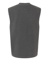 Back view of the Watch More Rugby Everyday Muscle Tee by WRS S&S Activewear—a sleeveless, dark gray vest with a crew neckline and classic rugby-inspired style—displayed against a white background.