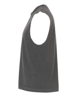 The Watch More Rugby Everyday Muscle Tee by WRS S&S Activewear is a sleeveless gray vintage tank, shown from the side, with wide armholes and a straight hem.