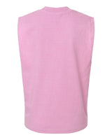 The Watch More Rugby Everyday Muscle Tee by WRS S&S Activewear is shown from the back in light pink, sleeveless vintage style against a white background.