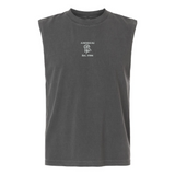 The Amoskeag Rugby Club Unisex Muscle Tee by EMB S&S Activewear is a sleeveless black top with "AMOSKEAG Est. 1984" and a small Spartan helmet on the chest, made from heavyweight cotton for comfort and style.