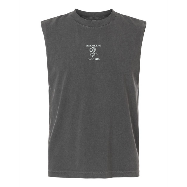 The Amoskeag Rugby Club Unisex Muscle Tee by EMB S&S Activewear is a sleeveless black top with "AMOSKEAG Est. 1984" and a small Spartan helmet on the chest, made from heavyweight cotton for comfort and style.