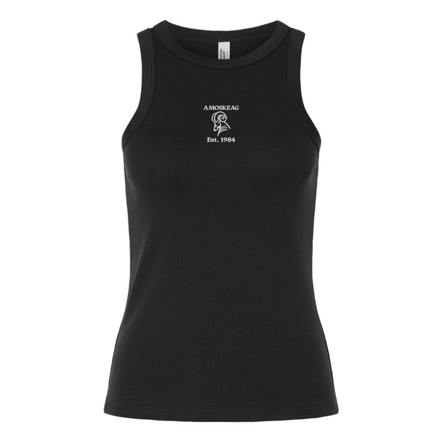 The Women's Amoskeag Rugby Club Baby Rib Tank by EMB S&S Activewear is a black sleeveless top featuring "AMOSKEAG" and "Est. 1984" in white on the front, with a small team logo above the text.
