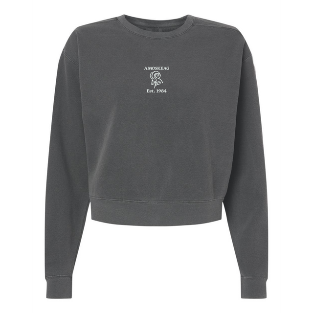 The EMB S&S Activewear Women's Amoskeag Rugby Club Mid-Length Crewneck Sweatshirt is a dark gray, relaxed-fit top with "AMOSKEAG Est. 1984" and a small white graphic on the chest, inspired by classic rugby club styles.